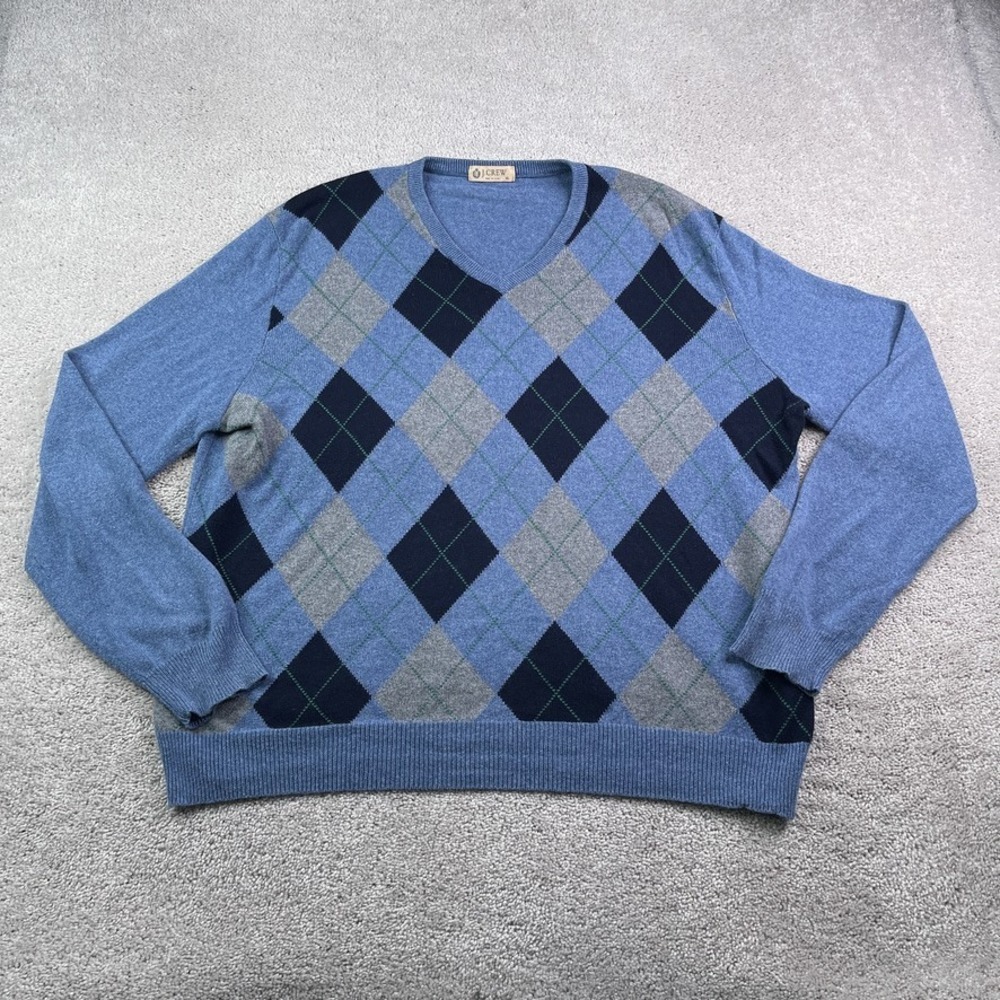 Vintage J Crew Sweater Mens XL Blue Argyle Cotton Cashmere Preppy V Neck
